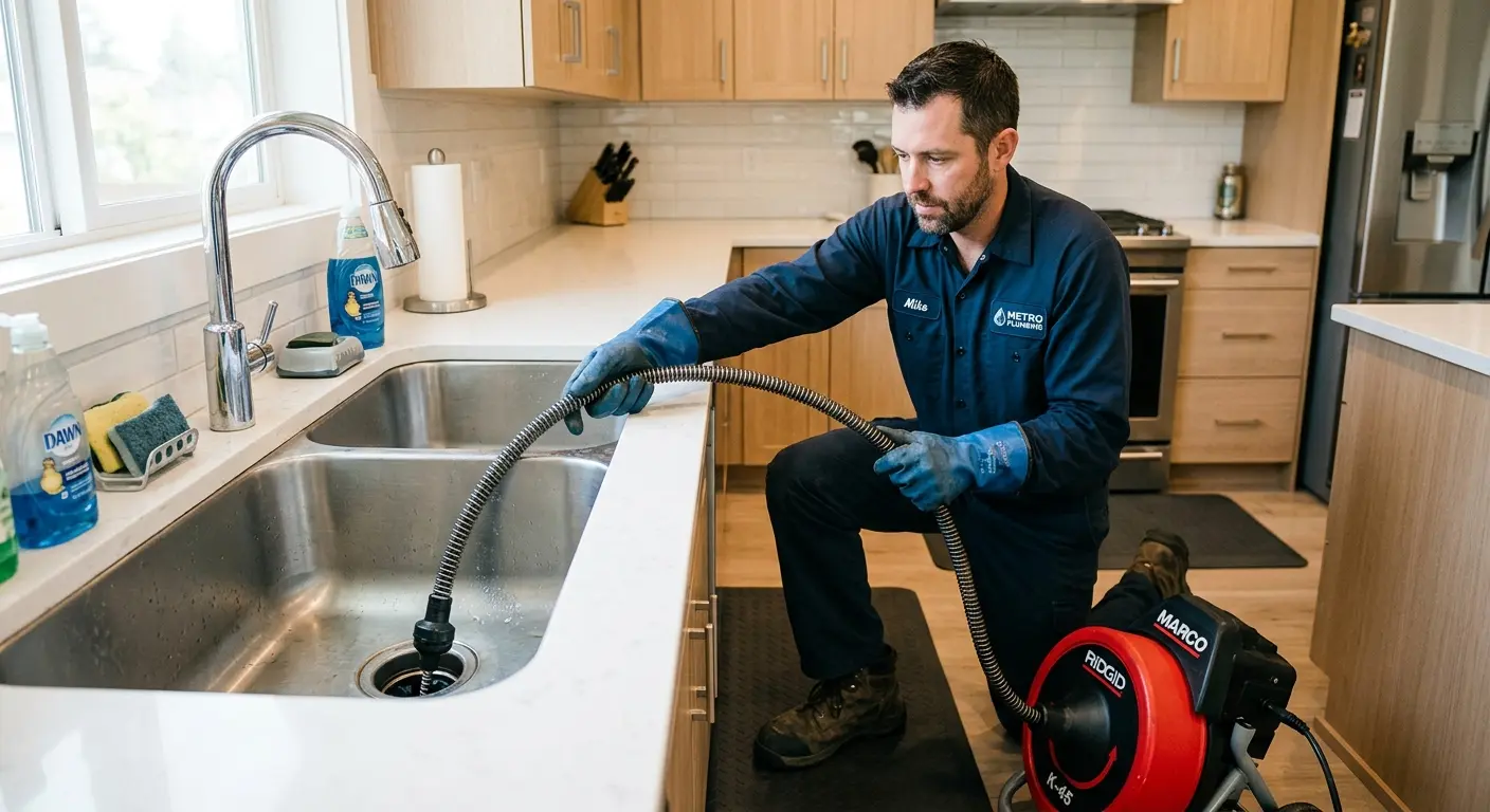 Drain cleaning technician using a motorized snake on a kitchen sink in Upper Mount Bethel