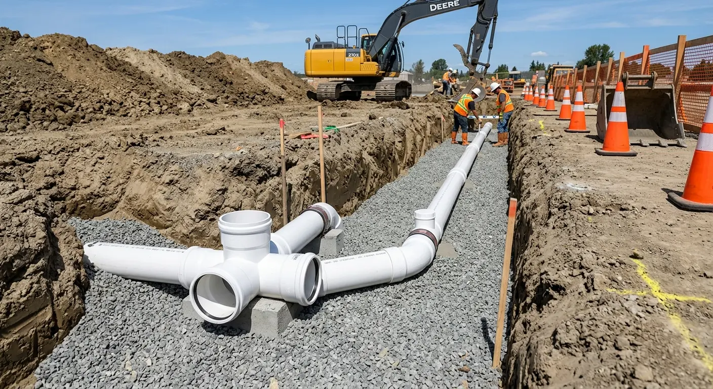 New PVC sewer pipe installation in open trench for Grease Trap Cleaning in Upper Mount Bethel