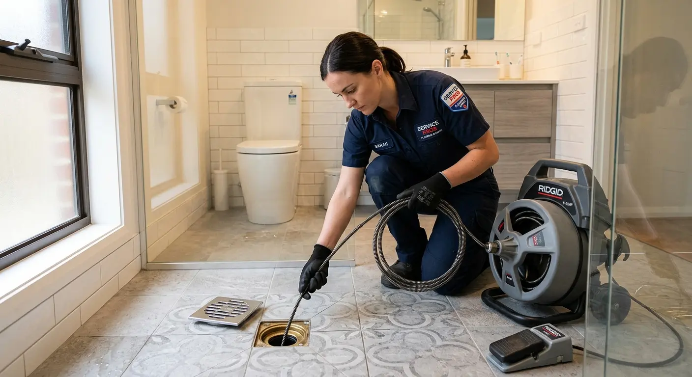 Technician clearing a bathroom floor drain for Drain Cleaning in Upper Mount Bethel
